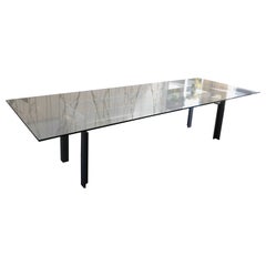 Mid Century Carlo Scarpa "Doge" Brushed Steel Base Dining Table with Glass Top