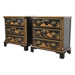 Baker Furniture Chinoiserie Black Lacquer and Gold Gilt Bedside Chests, Pair