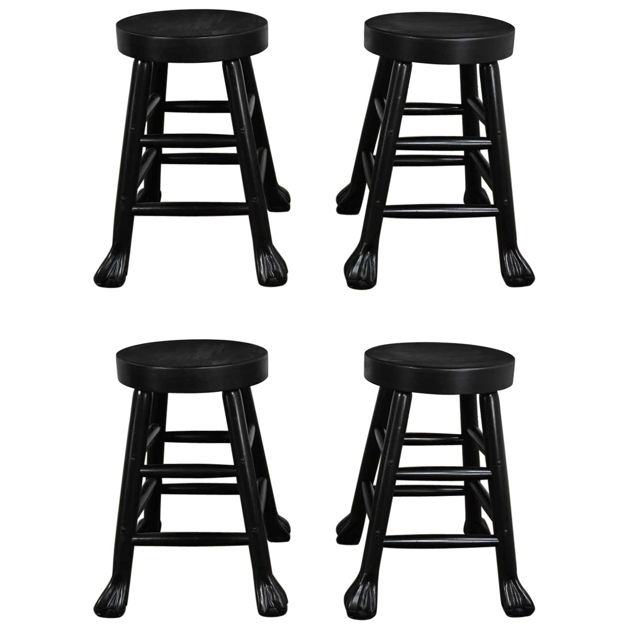 Vintage Rustic Blackened Solid Hardwood Chunky Claw Foot Barstools Set of 4