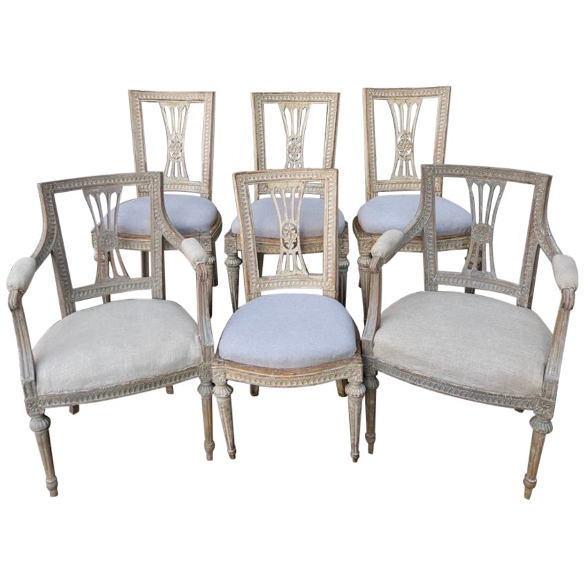 Matched Set of Six Painted Gustavian Dining Chairs, 2 Armchairs and 4 Chairs