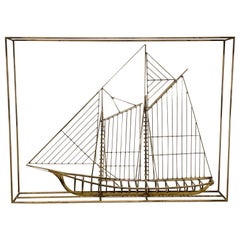 Curtis Jere Signed and Framed Large Sailboat Schooner Brass Wire Sculpture