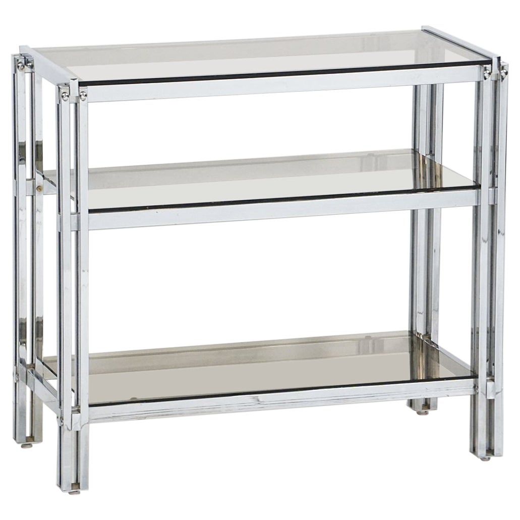 Mid-Century Three-Tier Console Table of Chrome and Smoked Glass from France For Sale