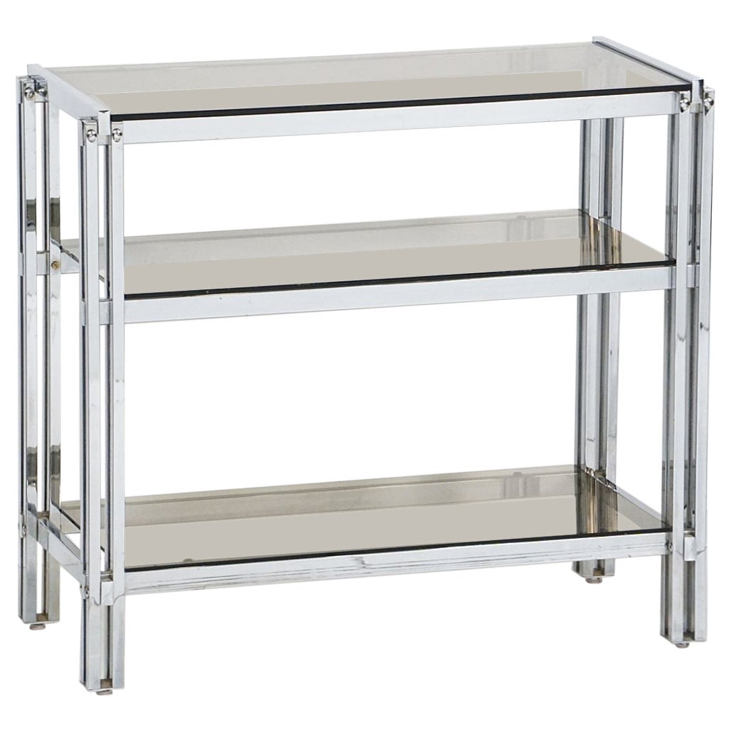 Dreistöckiger Konsolentisch aus Chrom und Rauchglas aus Frankreich aus der Mitte des Jahrhunderts