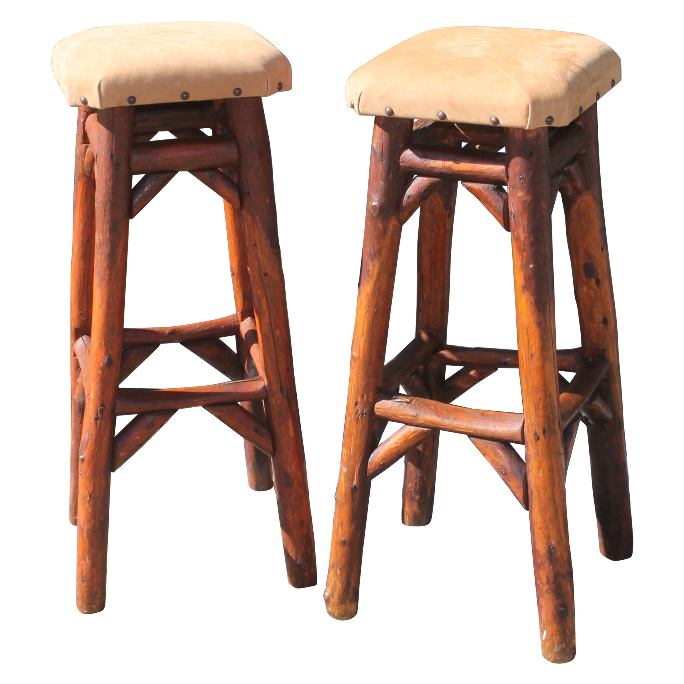 Early Old Hickory Bar Stools W/ Suede Seats-Pair