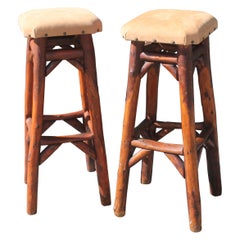 Early Old Hickory Bar Stools W/ Suede Seats-Pair