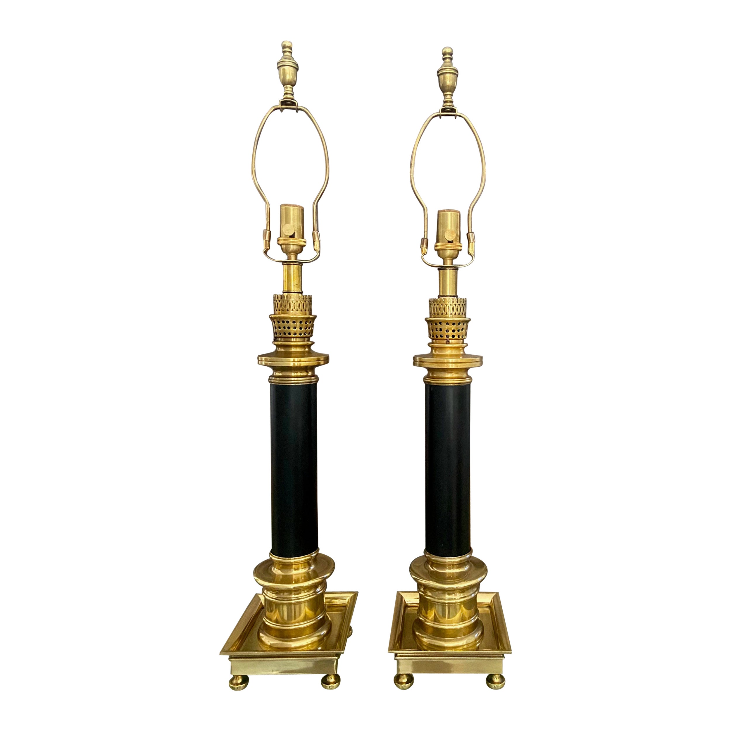 Pair of Frederick Cooper Column Brass Table Lamps For Sale