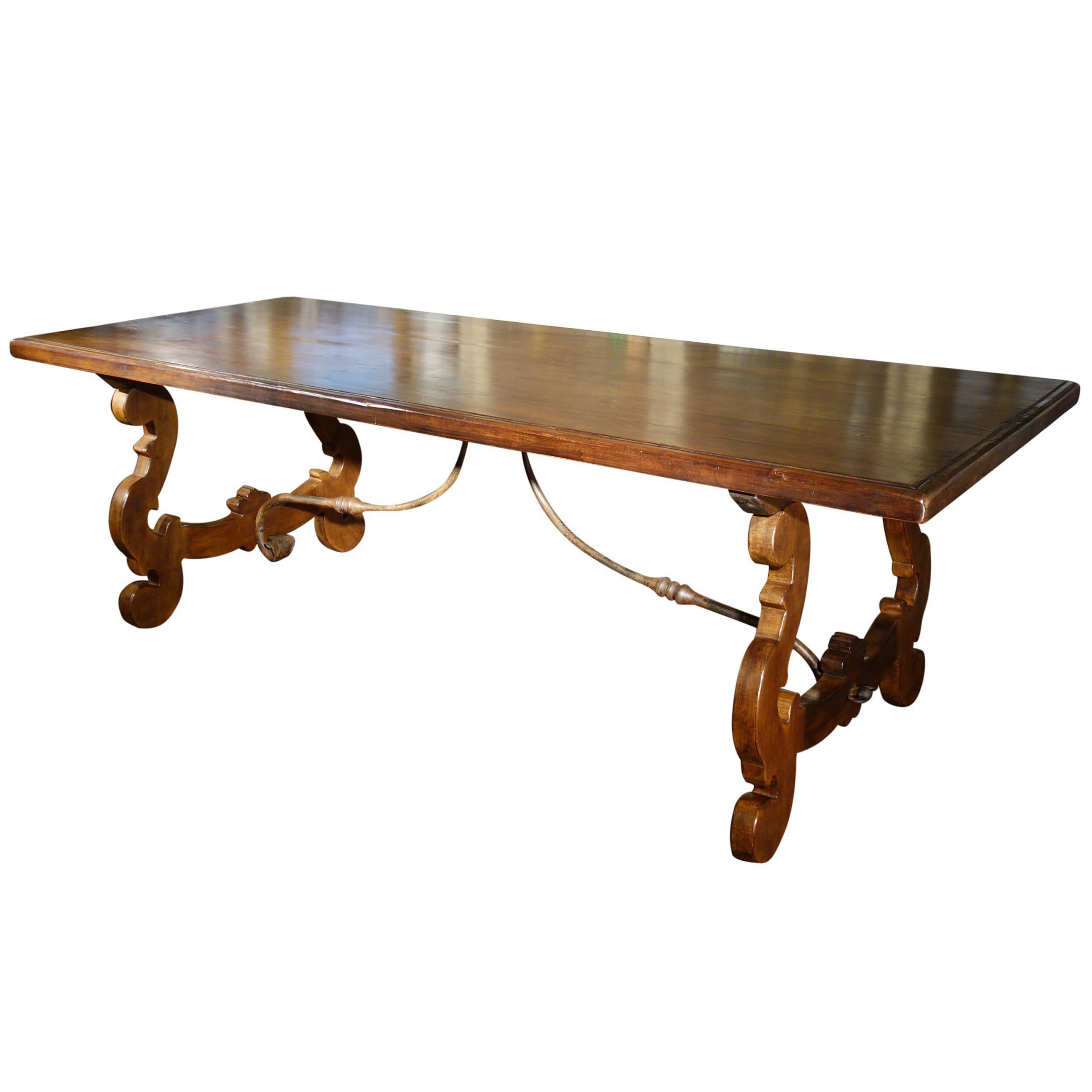 17th C Style Italian Walnut Refectory Dining Table Dark shellac finish In Stock For Sale