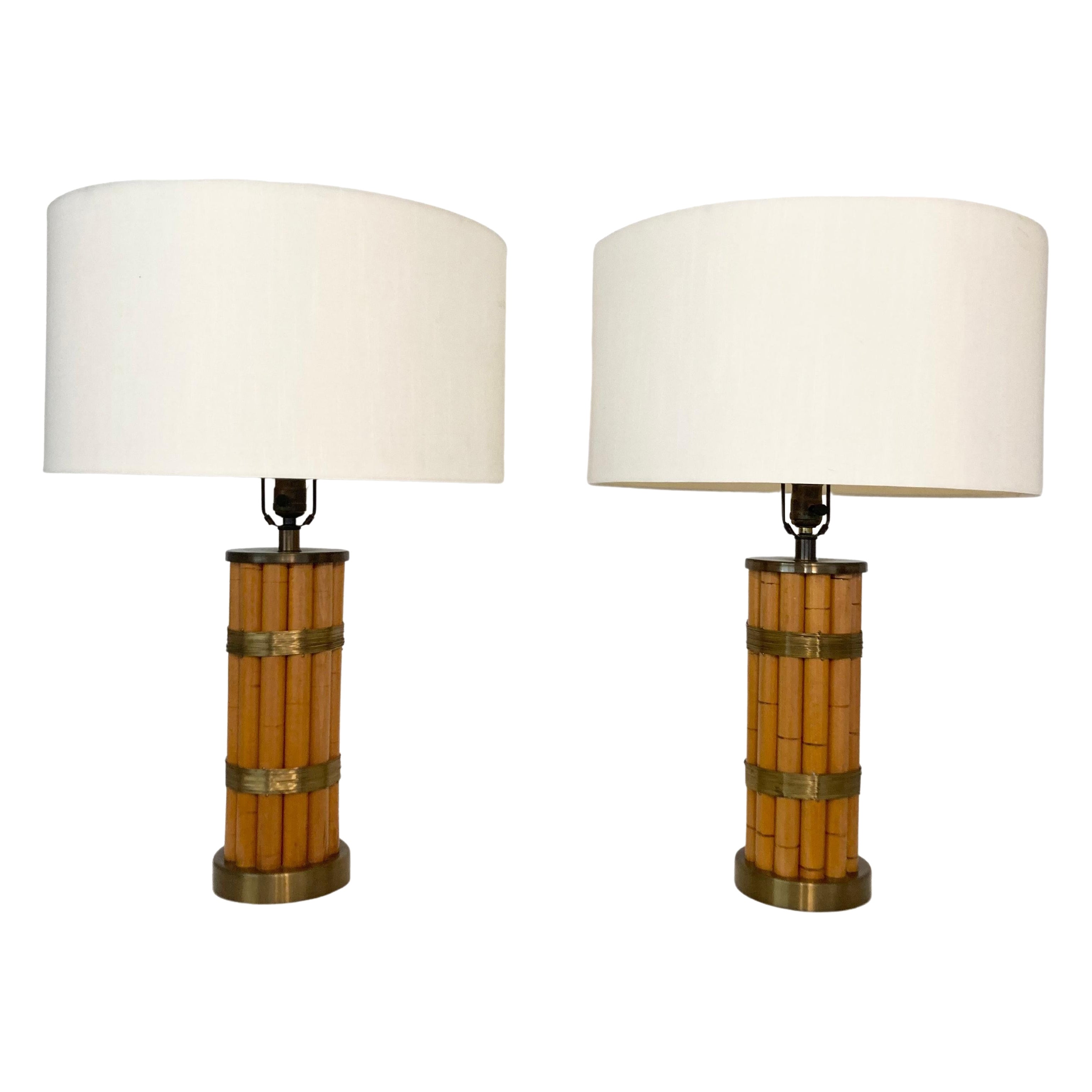 Pair Russel Wright Faux Bamboo Brass Wrap Table Lamps, Mid Century Modern