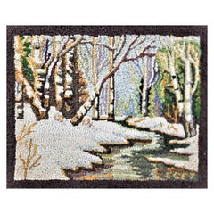 George Edouard Tremblay Folk Art Hooked Rug, Mat or Tapestry of a Winter Scene