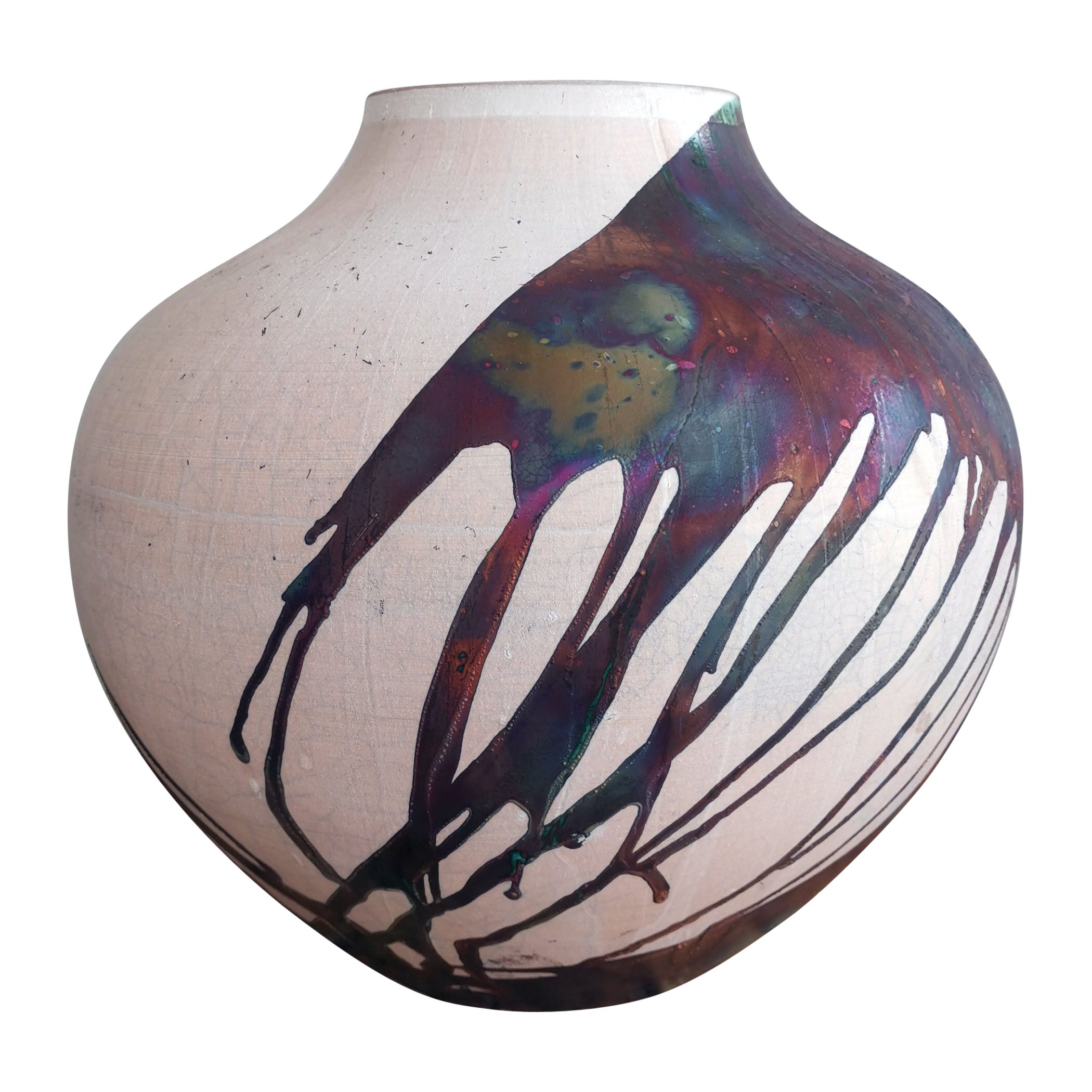 Pre-Order Raaquu Raku Pottery Large Issho 13.5" Ceramic Vase - Half Copper Matte For Sale