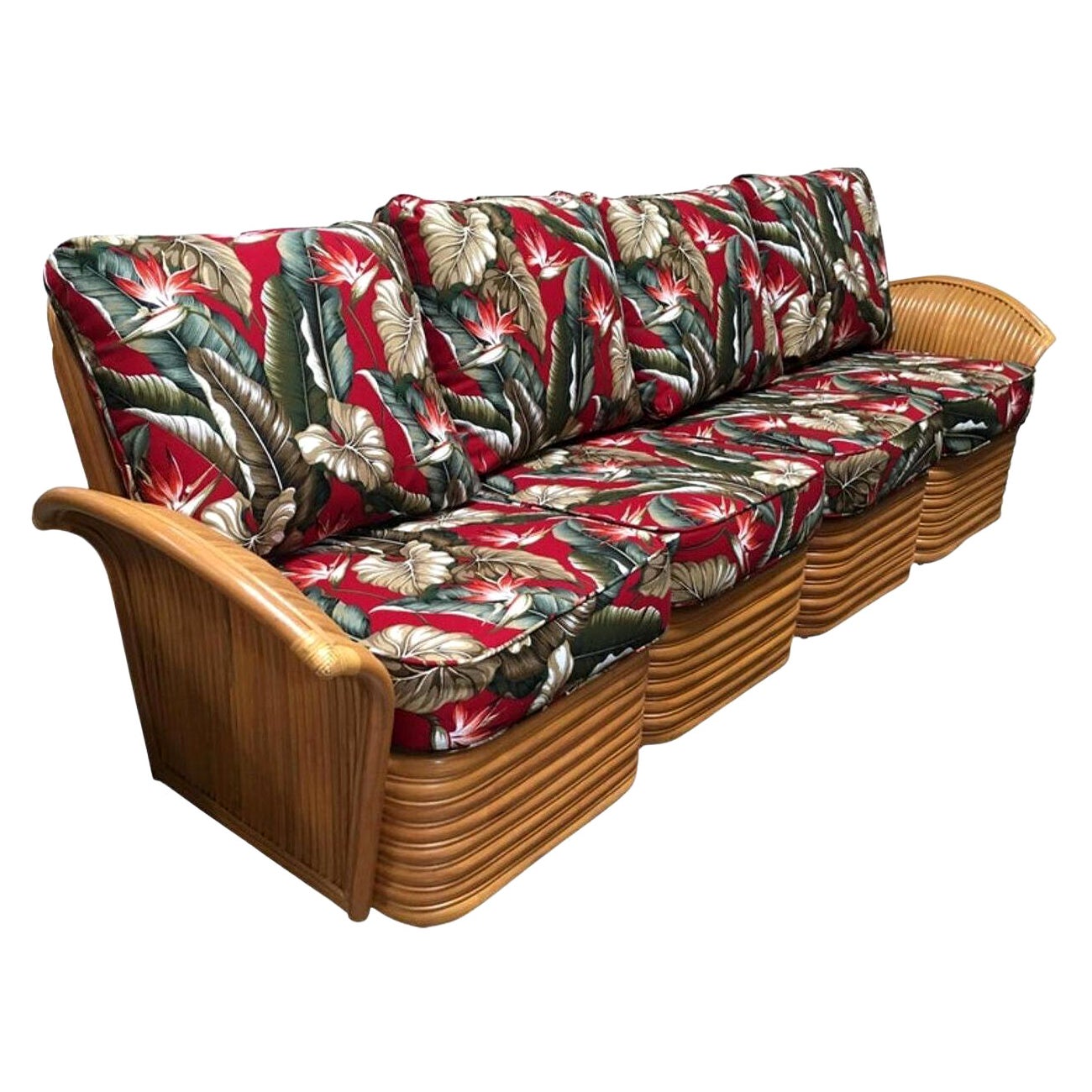 Restauriertes Rattan-Fächerarm-Sofa im Art-déco-Stil mit vier Sitzen