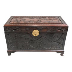 Antique Chinese Camphor Chest Hardwood Carved Luggage Box 1880