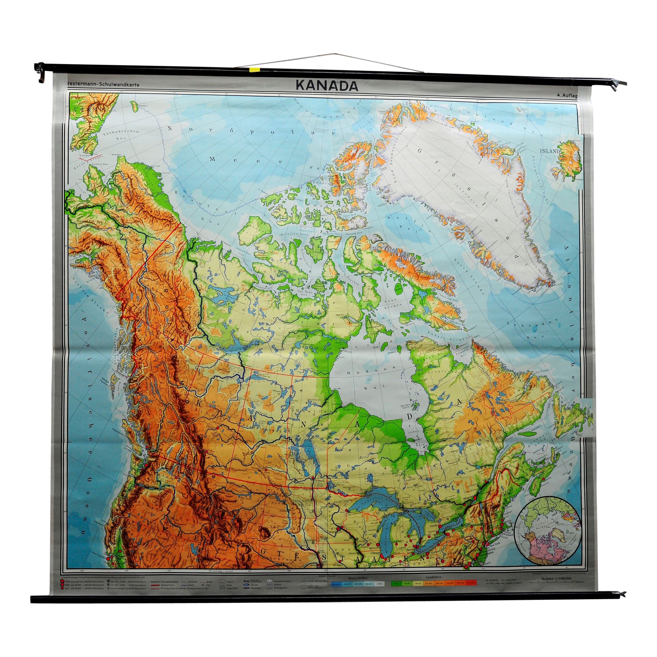 Kanada, Grünesland, Nordamerika, Karte, Vintage-Wandtafel, Rollbar