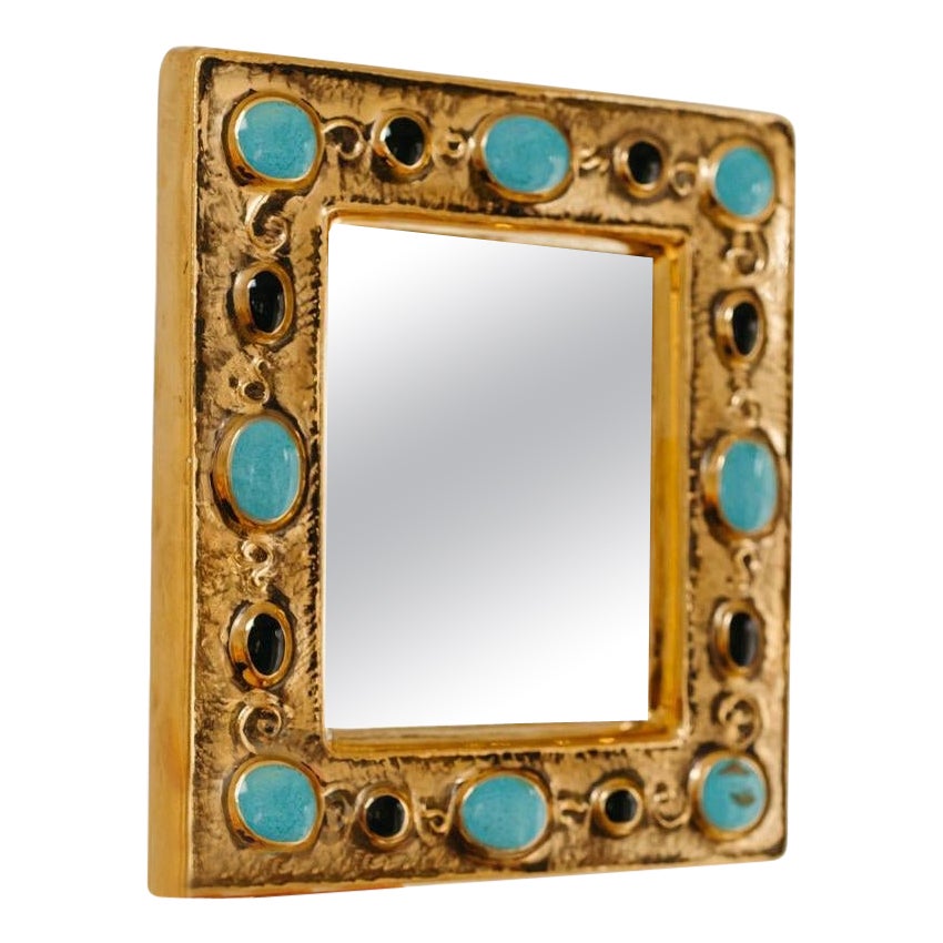 François Lembo mirror, ceramic, gold and black, turquoise, jeweled,  signed.  For Sale