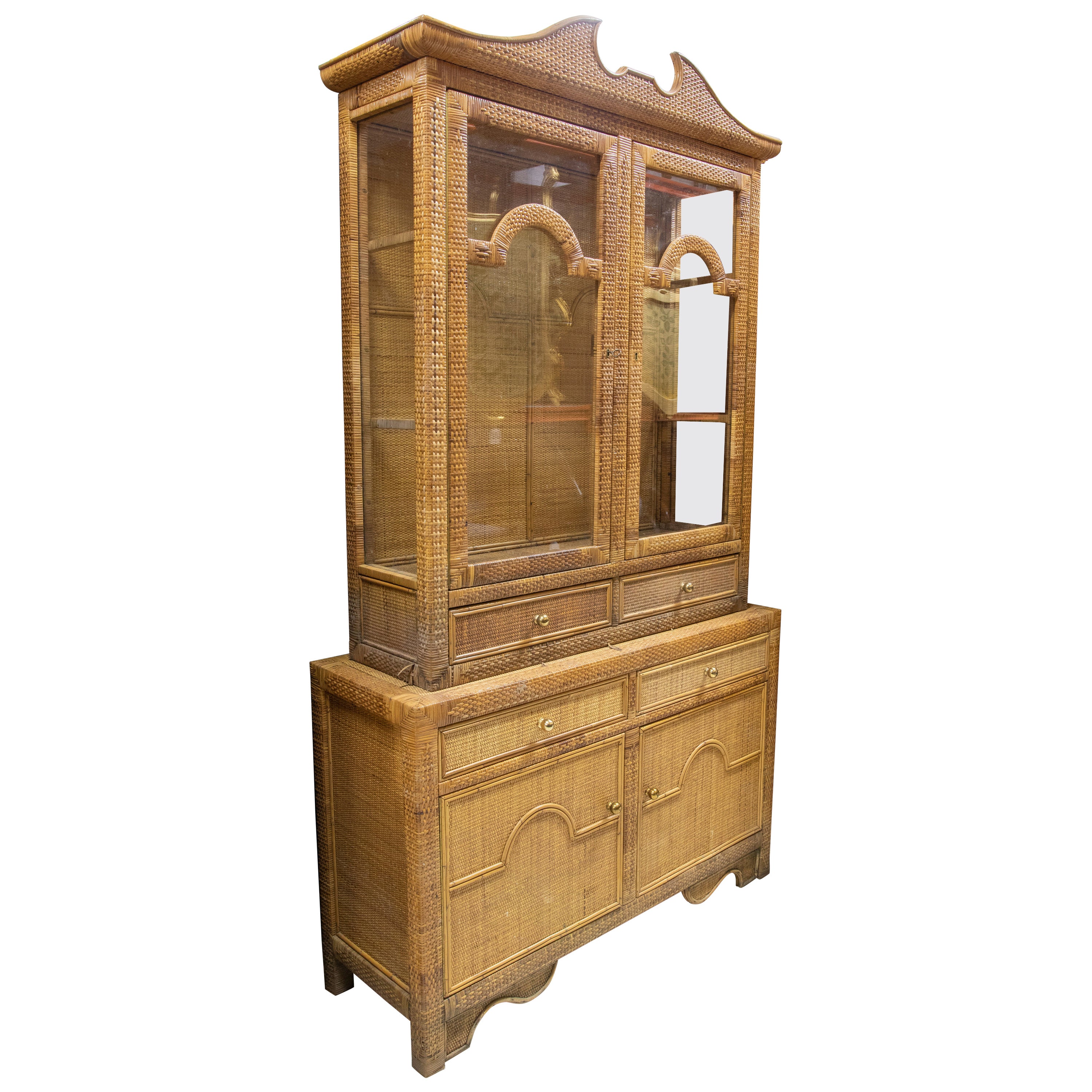 Spanish Handmade Wicker Two-Pieces Display Cabinet with Drawers and Doors For Sale