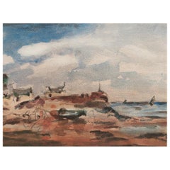 French Modernist Cubist Painting Rocky Coastal Vista