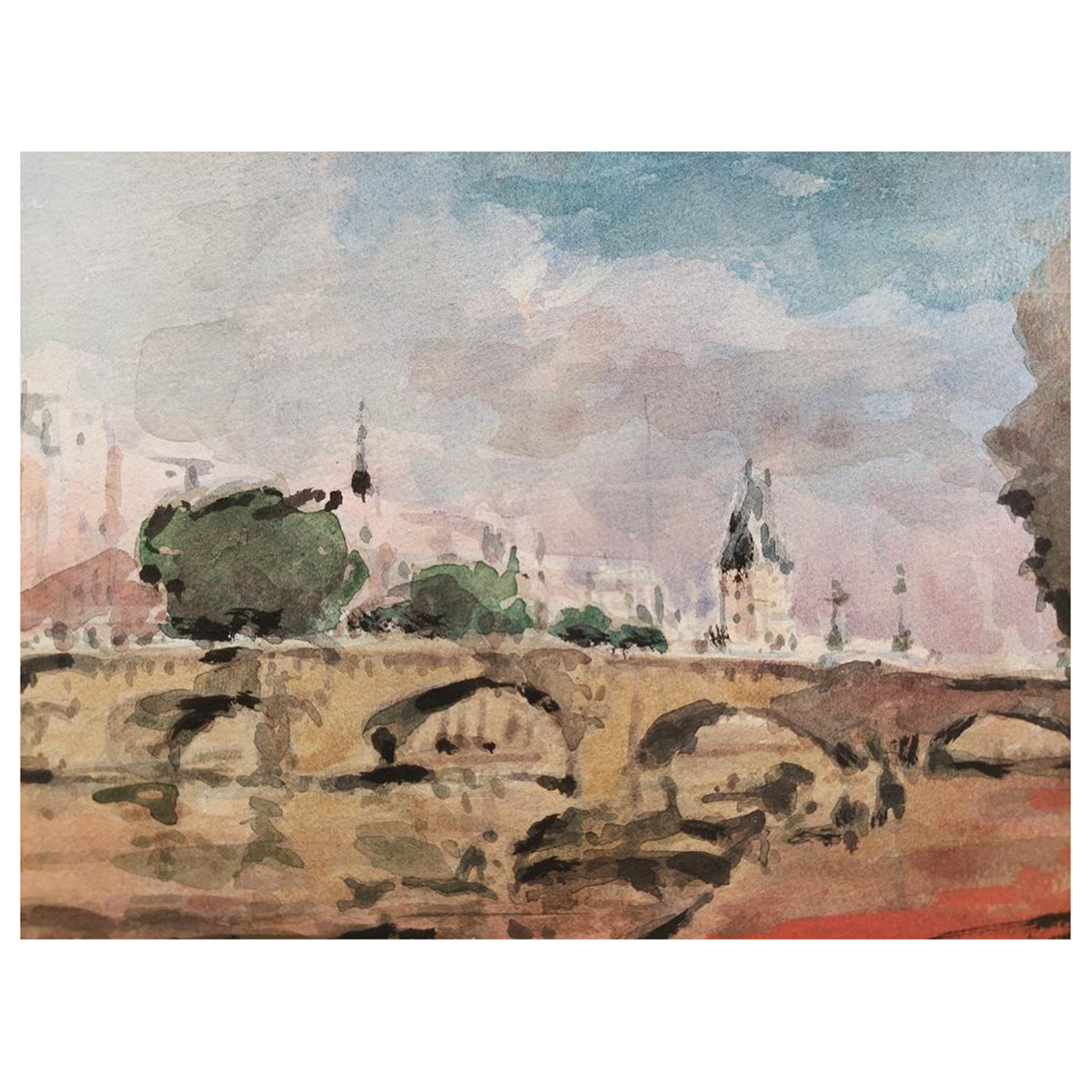 Peinture cubiste française de style moderniste représentant le pont de Paris sur la Seine en vente
