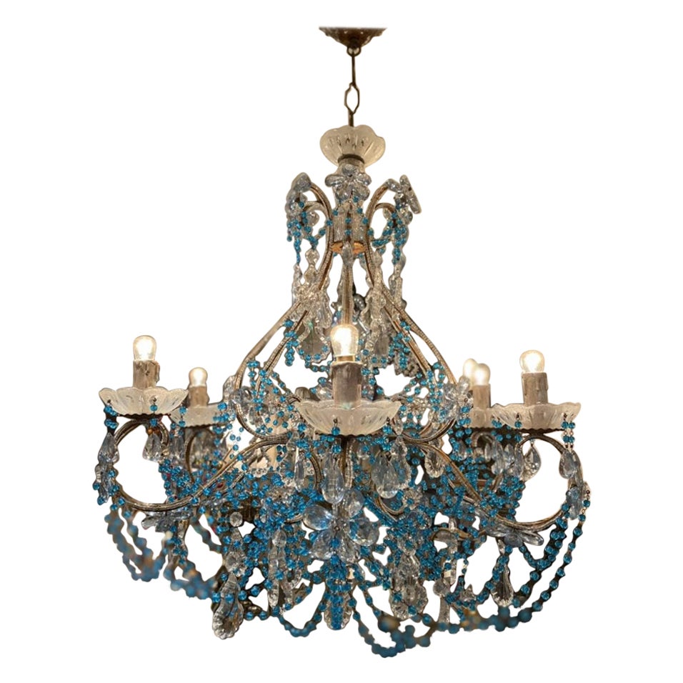 Gorgeous Blue Rosette and Clear Beads Chandelier, France, Early 20th C For Sale
