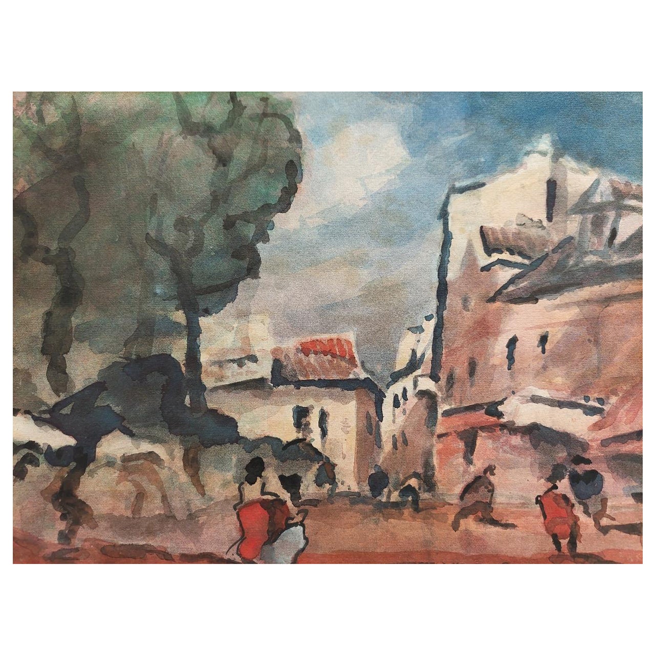 French Modernist Cubist Painting Figures in a Country Village Street For Sale