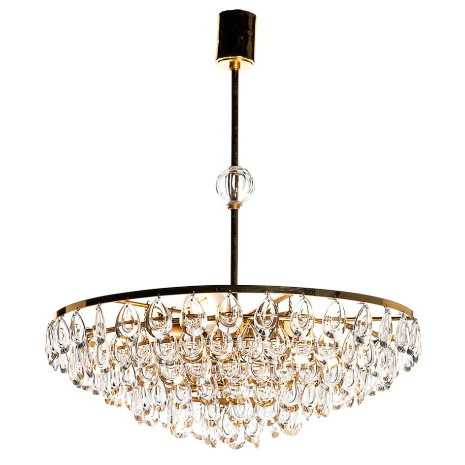1960's Gilded Brass and Faceted Crystal Palwa Chandelier For Sale