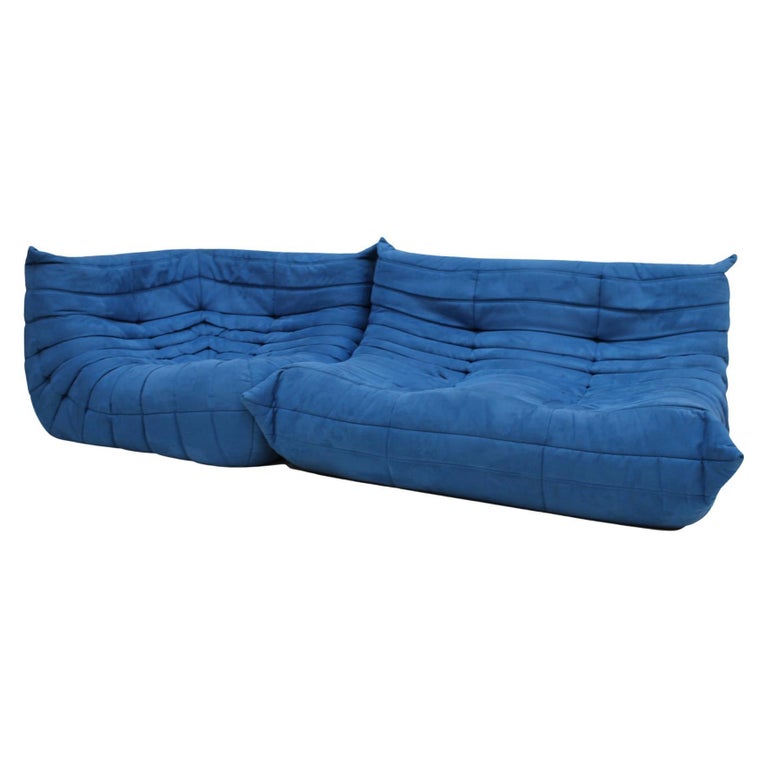 Original Ligne Roset Togo in Blue Cotton Velvet Sofa Designed by Michel