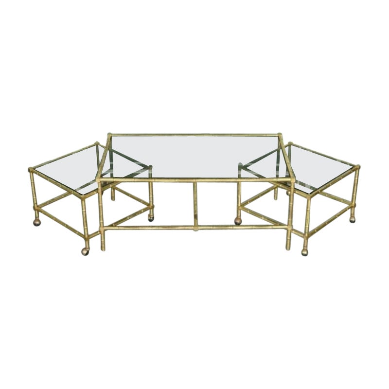 Hollywood Regency Golden Bamboo Coffee Table & Side Tables on Castors For Sale