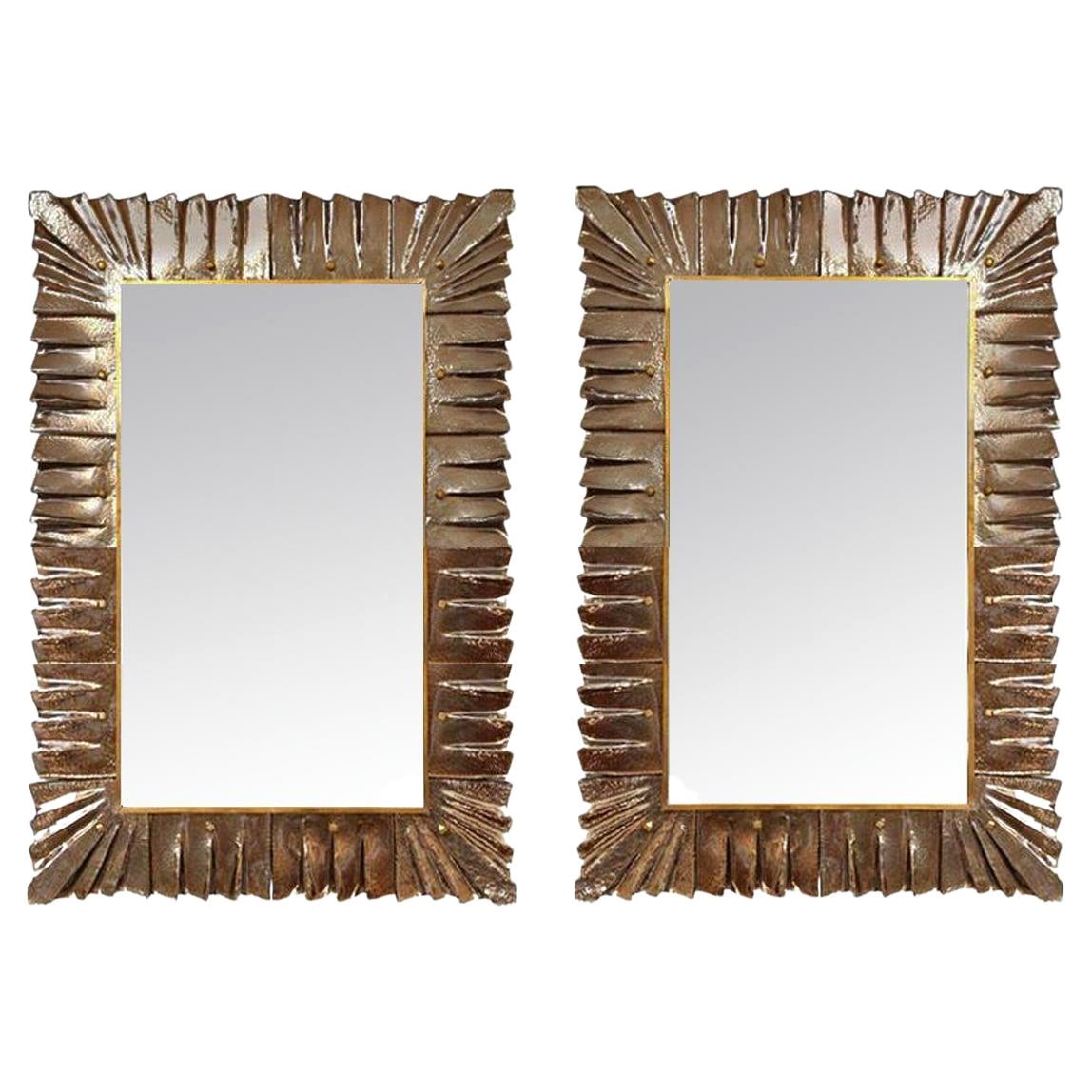 Pair of Rectangular Murano Bronze Glass Framed Mirrors, in Stock For Sale