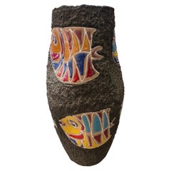 Large Ceramic Vase with Glazed Fish Decorations