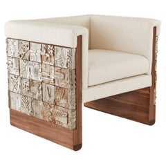 Vintage Stellar Modern Handmade Ceramic Walnut, Boucle' Upholstered Luxury Dining Chair
