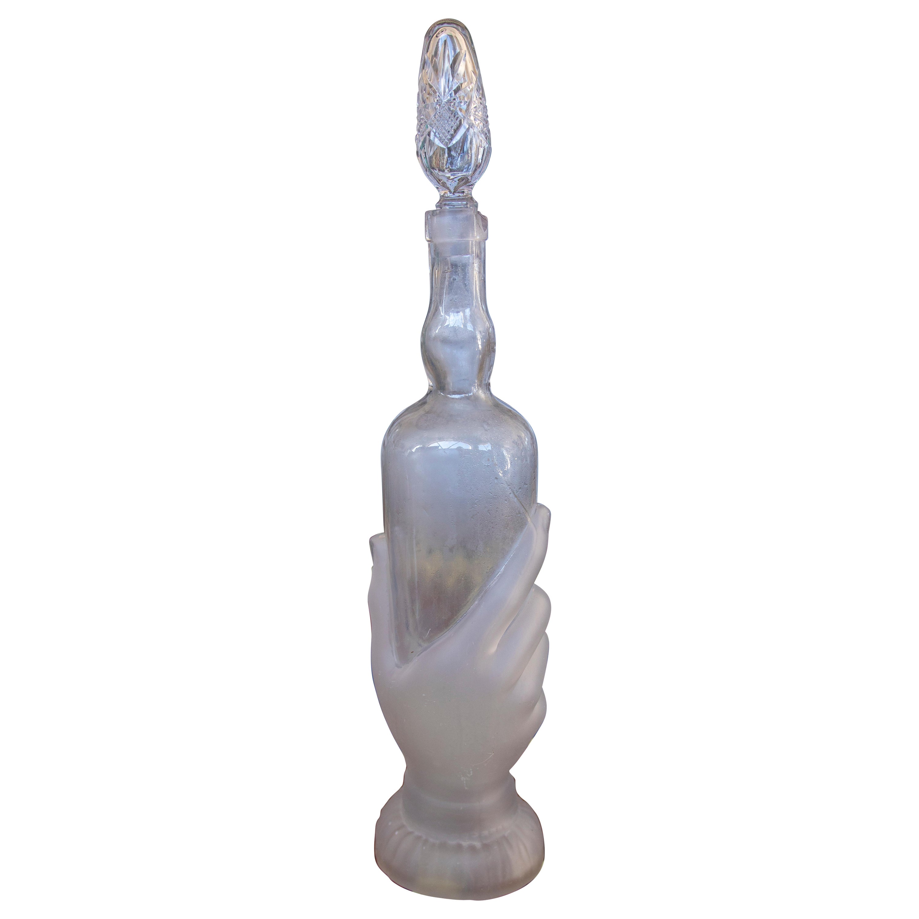 Glass Bottle with Hand-Shaped Base and Translucent and Normal Finishes For Sale