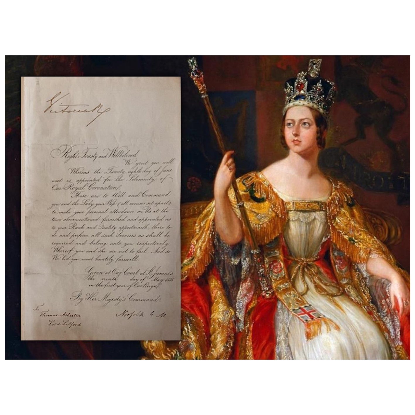 Invitation de couronnement royale et certificat d'authenticité de la reine Victoria