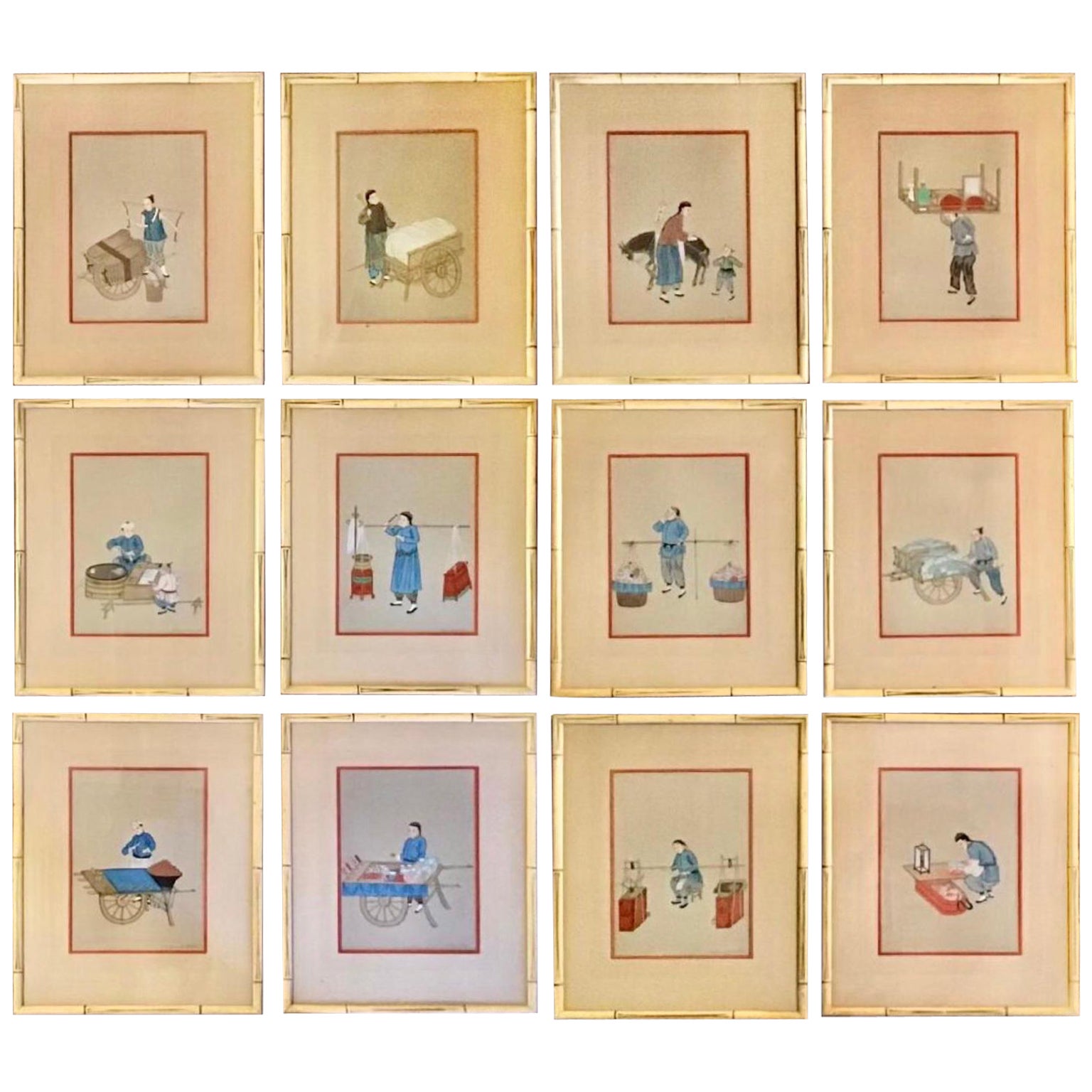Ensemble de douze peintures chinoises à la gouache dans des cadres en bambou en vente