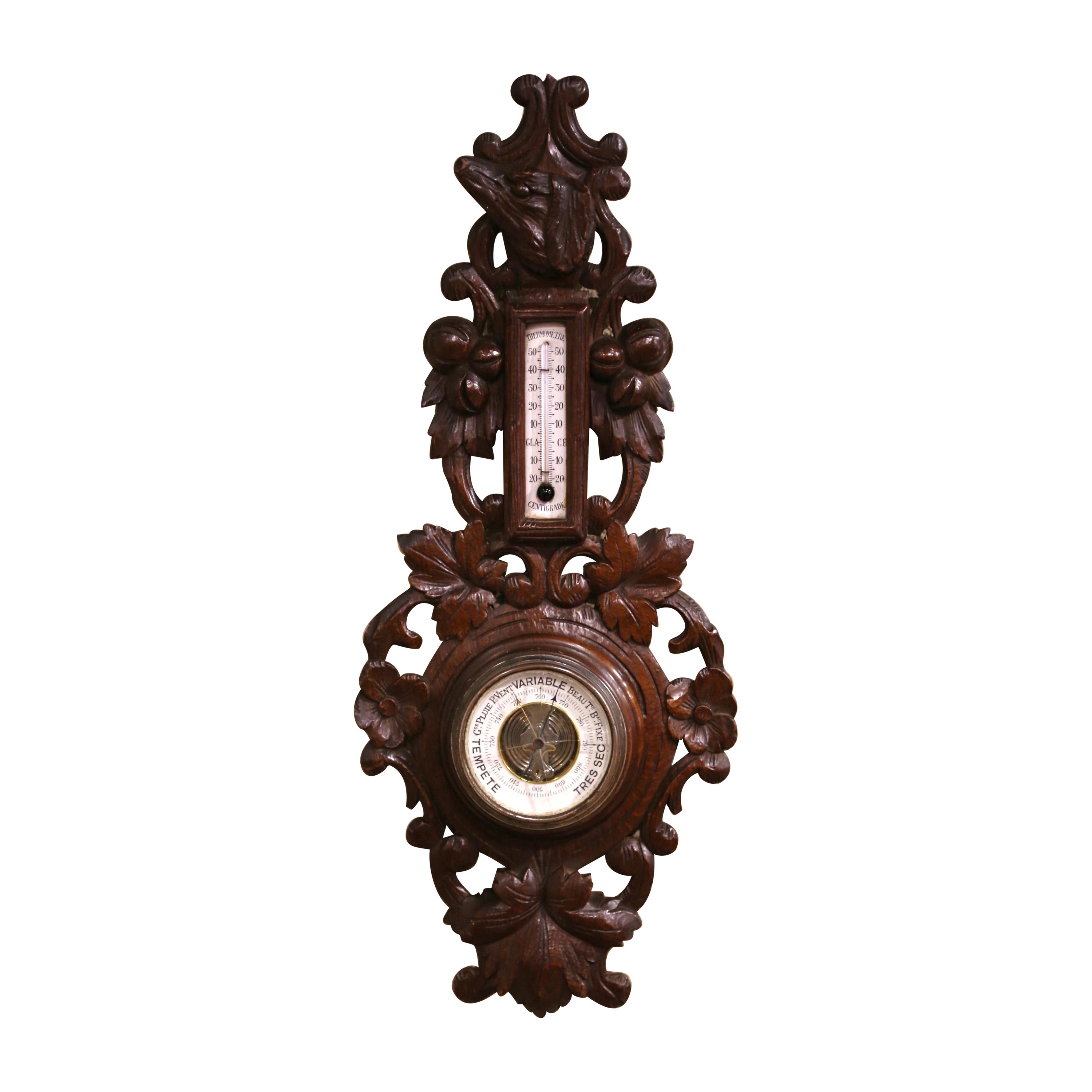 19th Century French Forest Carved Oak Barometer and Thermometer with Dog Motif For Sale