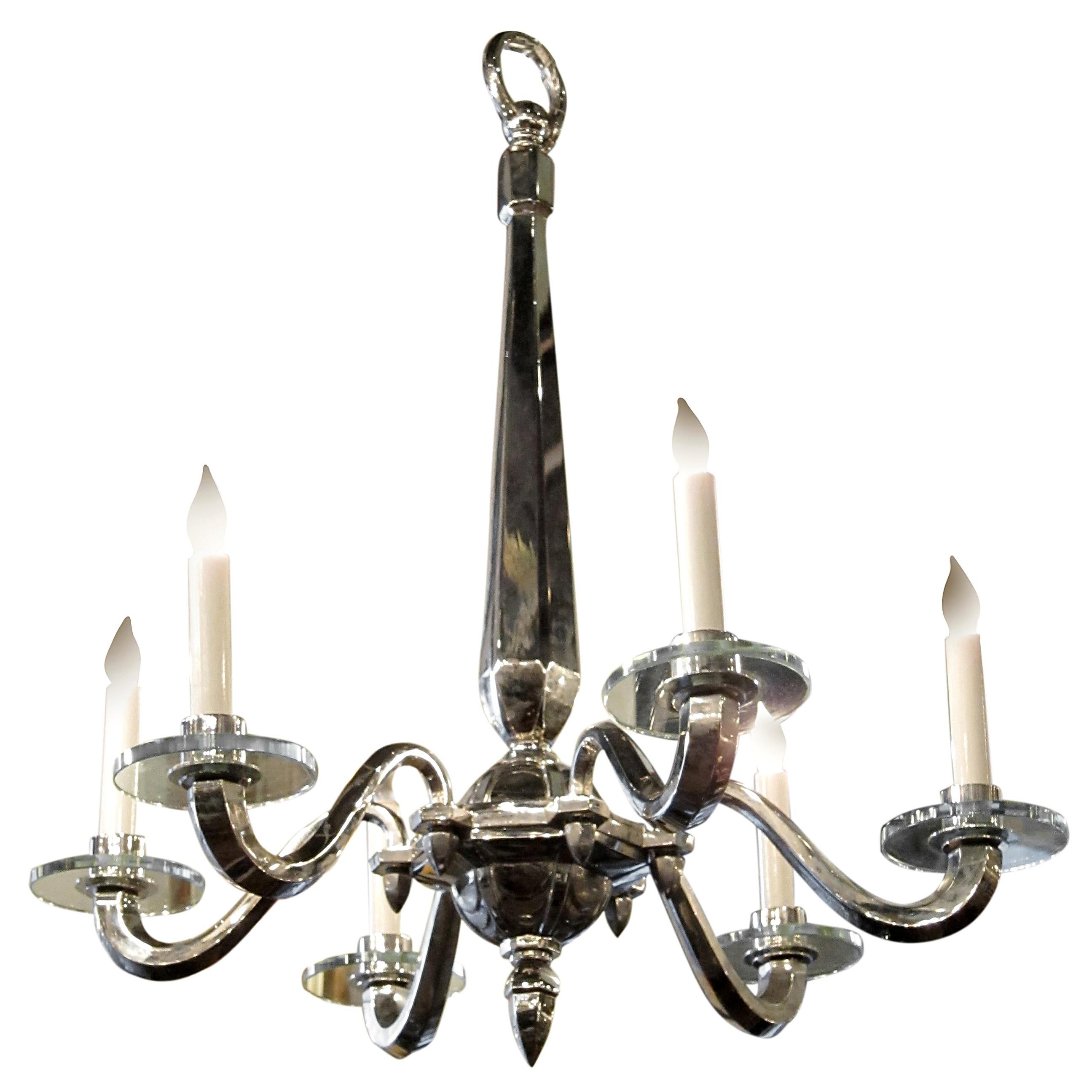 2000s French Art Deco 6 Arm Nickeled Bronze Chandelier For Sale