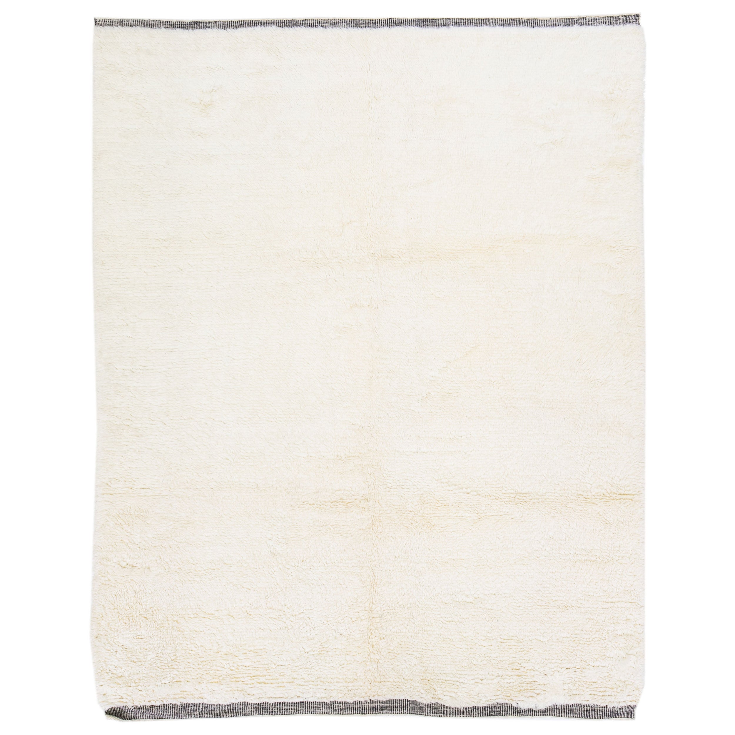 Modern Handmade Moroccan Style Wool Rug With Ivory Solid Field For Sale
