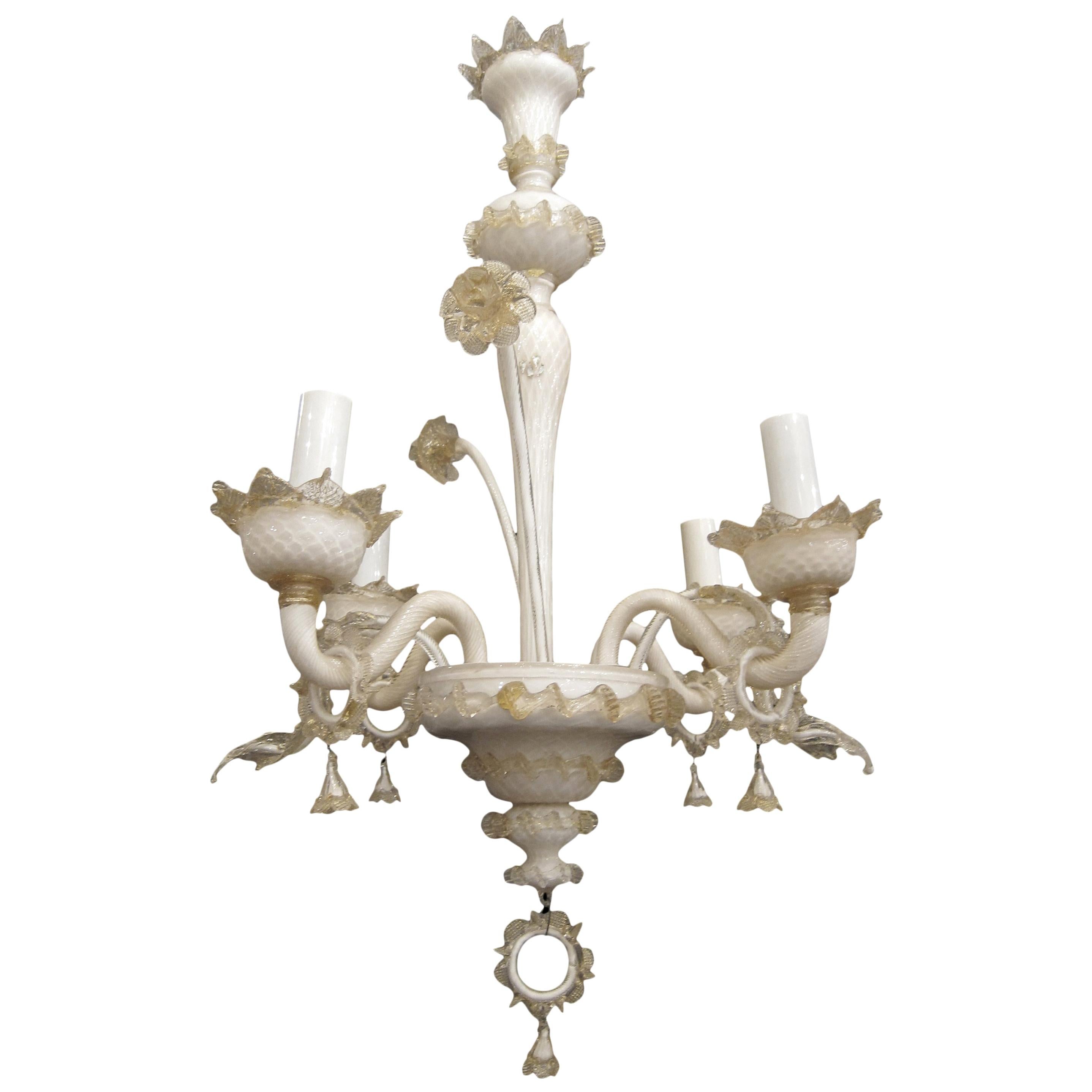 1950s Murano Four-Arm Peach and Off-White Colored Handblown Floral Chandelier
