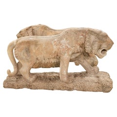 Pair of 20th Century Life-Size Striated Pink Marble Lions