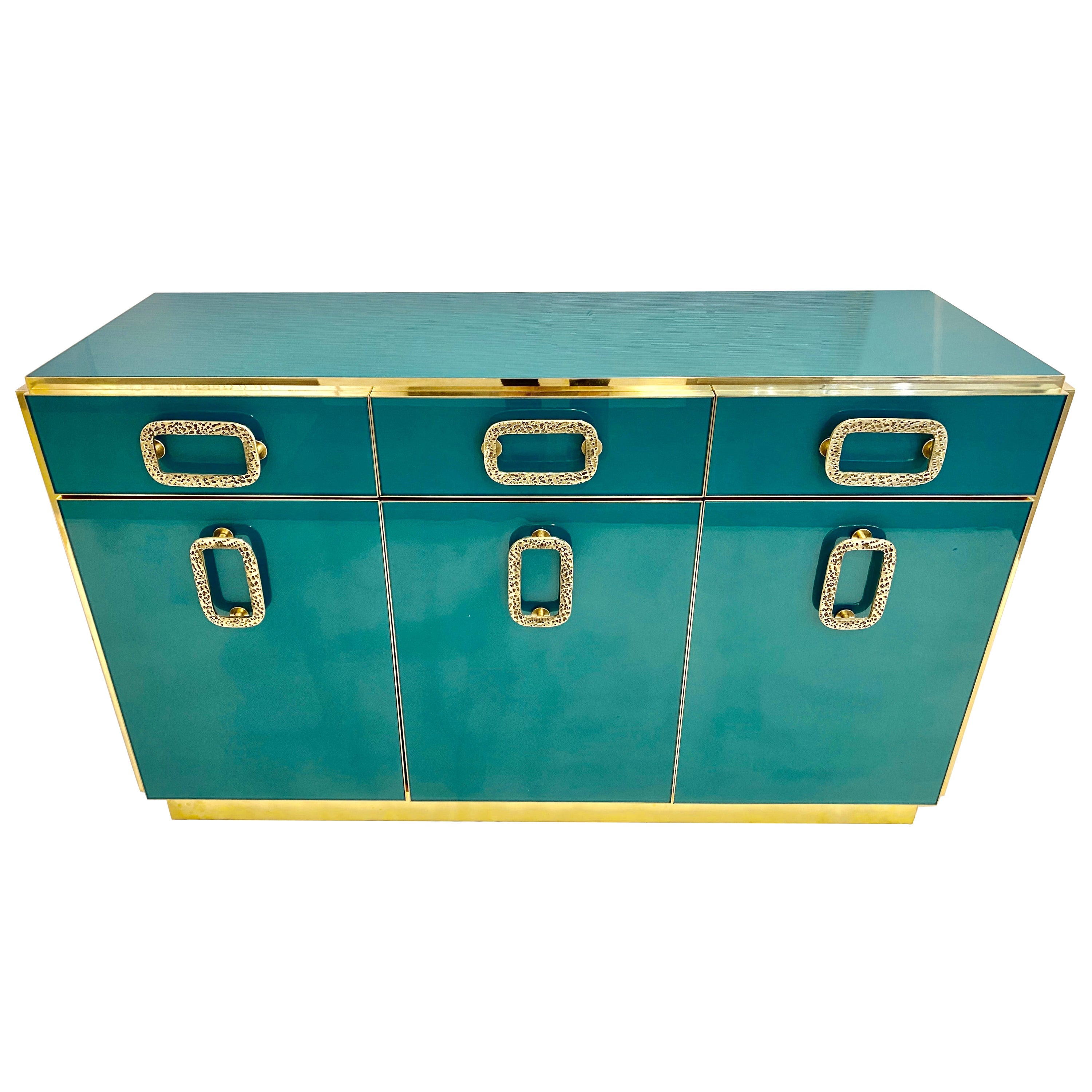 Bespoke Italian Art Design Brass Metallic Emerald Blue Glass Dresser Sideboard For Sale
