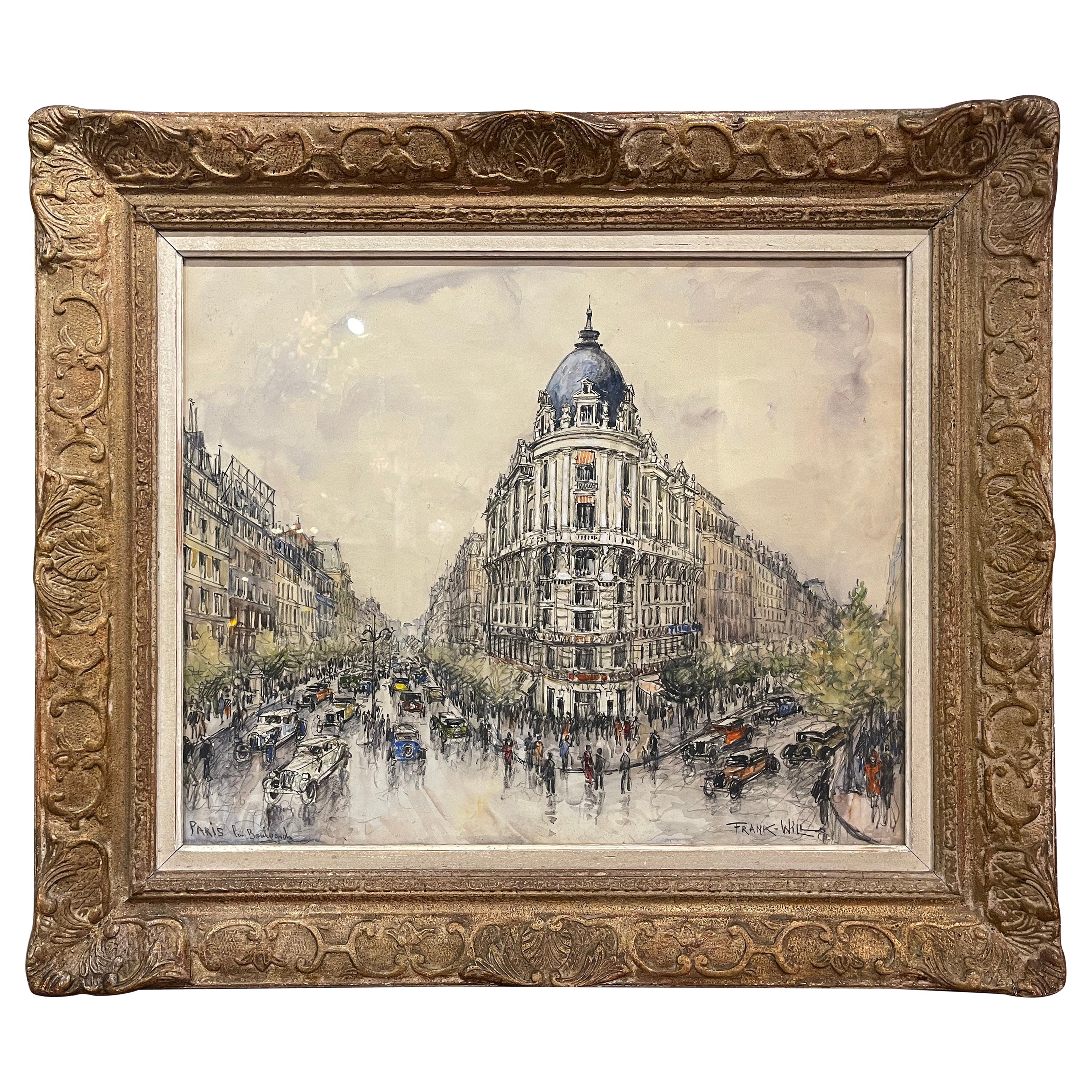 Début du 20ème siècle Aquarelle encadrée ""Paris Les Boulevards"" signée Frank Will