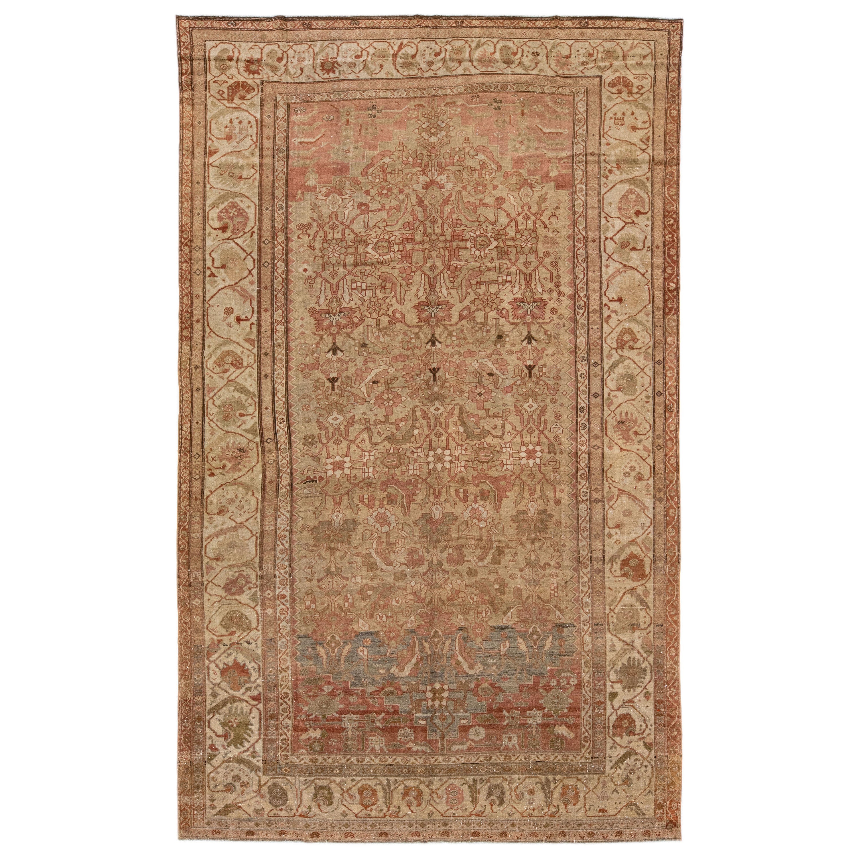  Handmade Floral Antique Persian Malayer Wool Rug in Tan For Sale