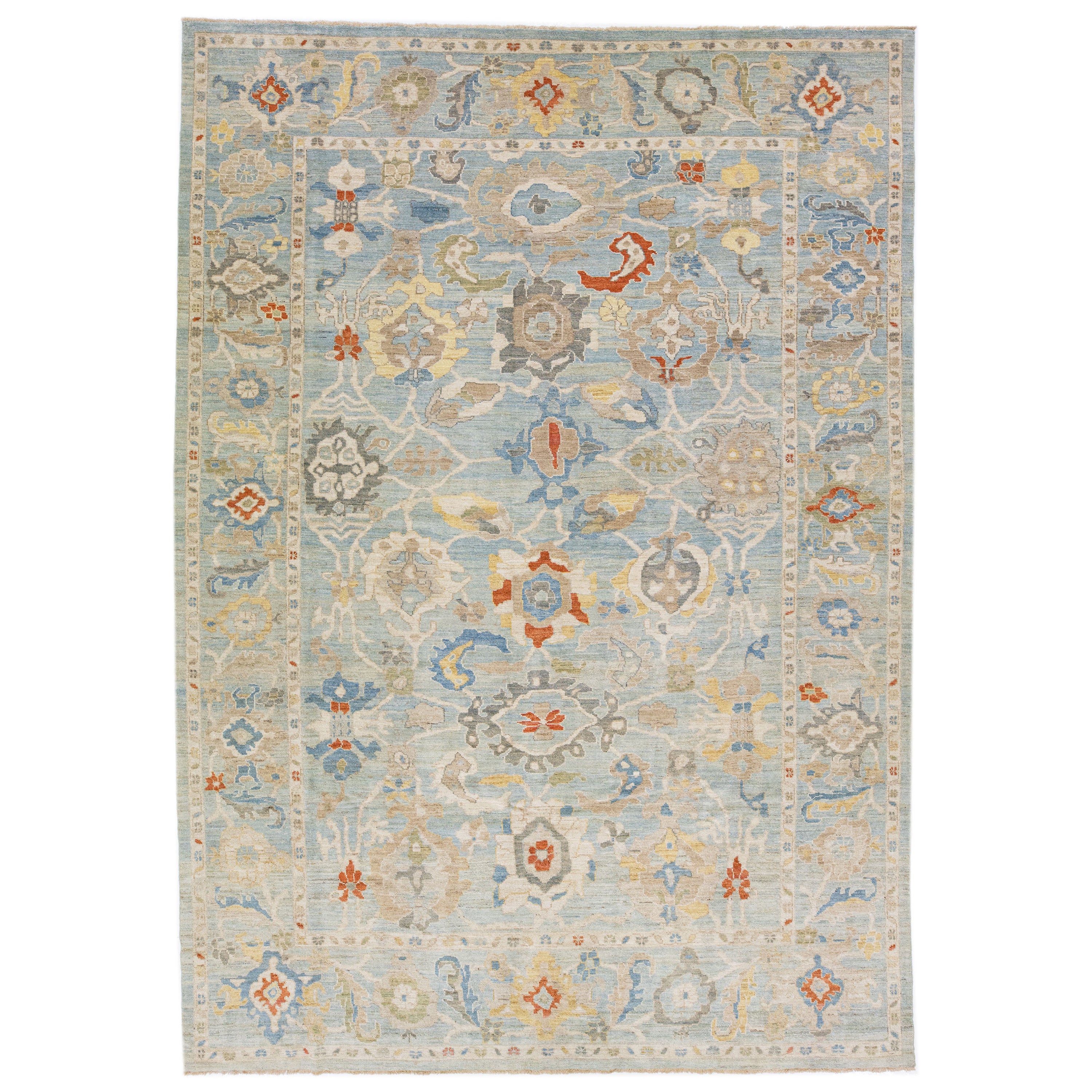 Blue Handmade Modern Sultanabad Wool Rug with Allover Pattern For Sale