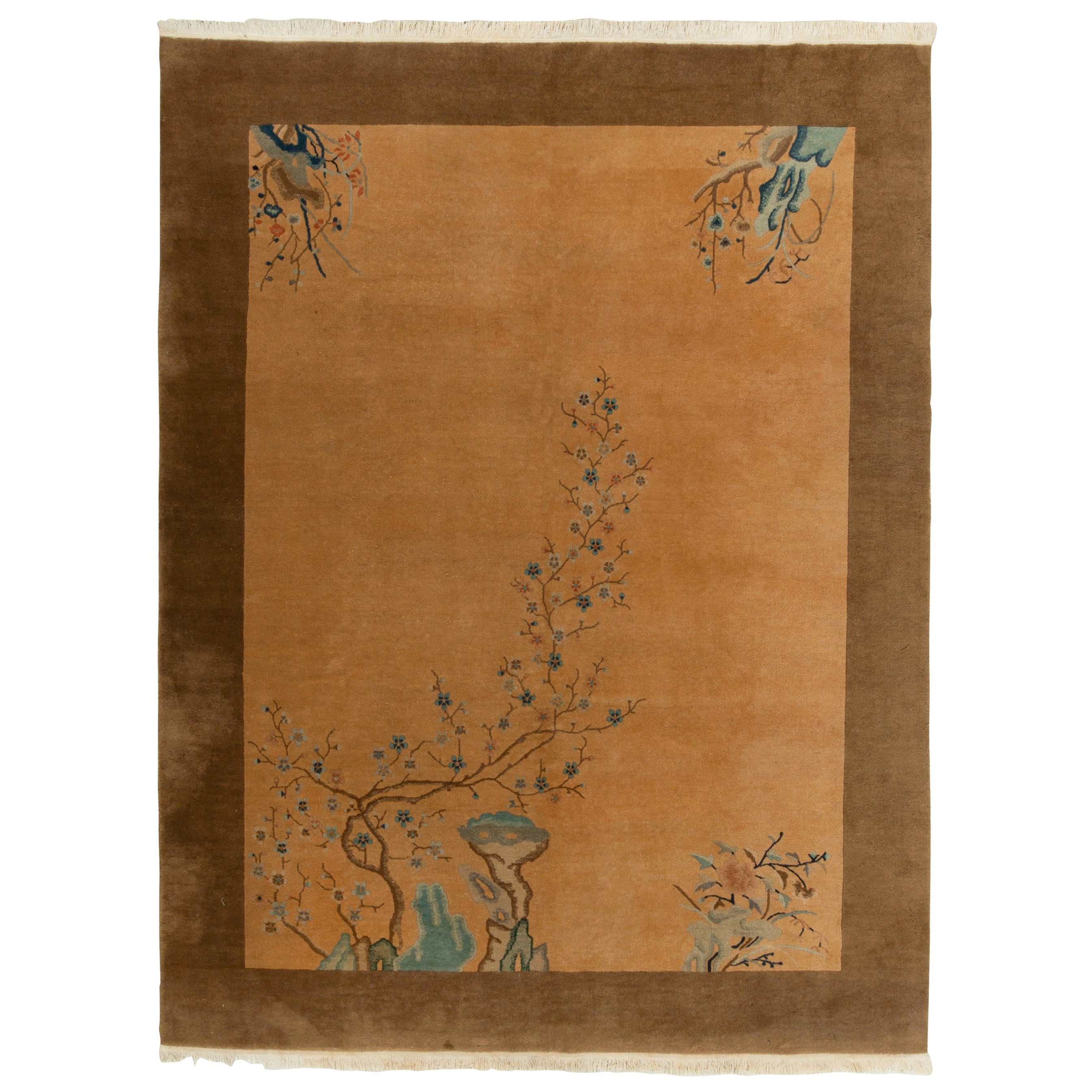 Antique Chinese Art Deco Rug in Gold, Beige-Brown & Blue Floral Patterns