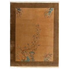 Used Chinese Art Deco Rug in Gold, Beige-Brown & Blue Floral Patterns