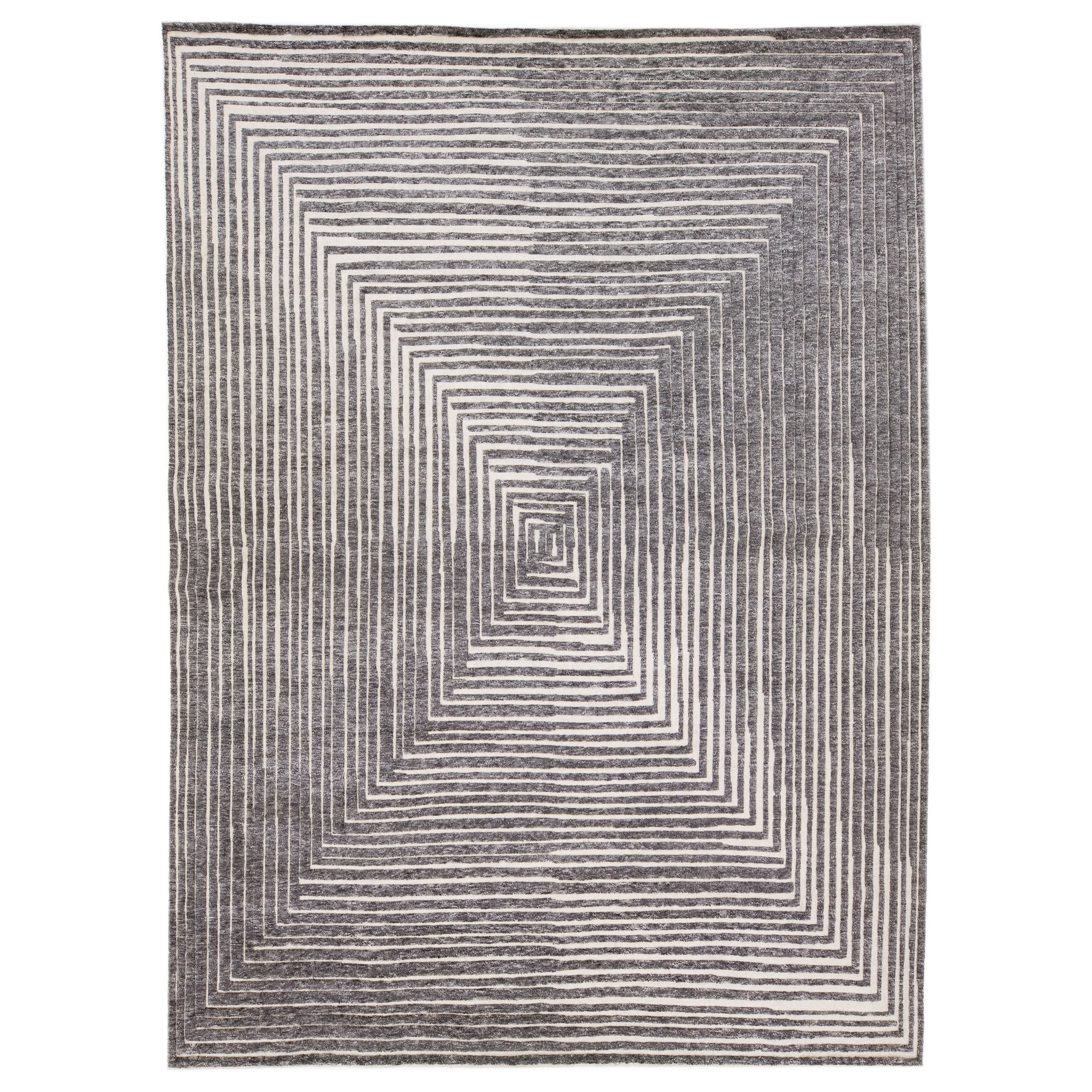 Op Art Modern Moroccan Style Gray Handmade Wool Rug by Apadana For Sale
