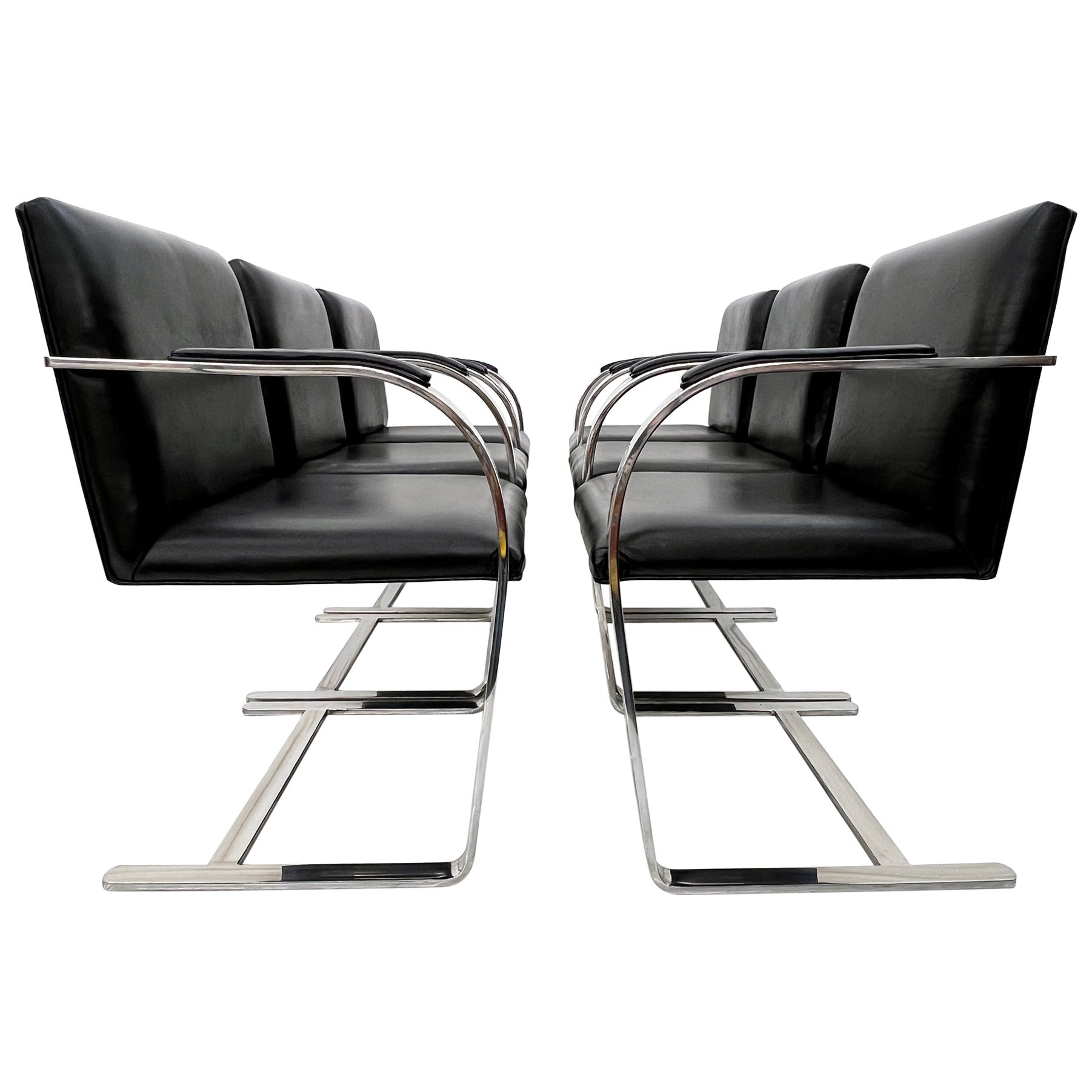 Set of 6 Ludwig Mies van der Rohe Brno Chairs in Black Leather, Knoll For Sale