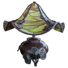 Antique Art Nouveau Bronze Table Lamp Lily Green Slag Glass Tiffany Style