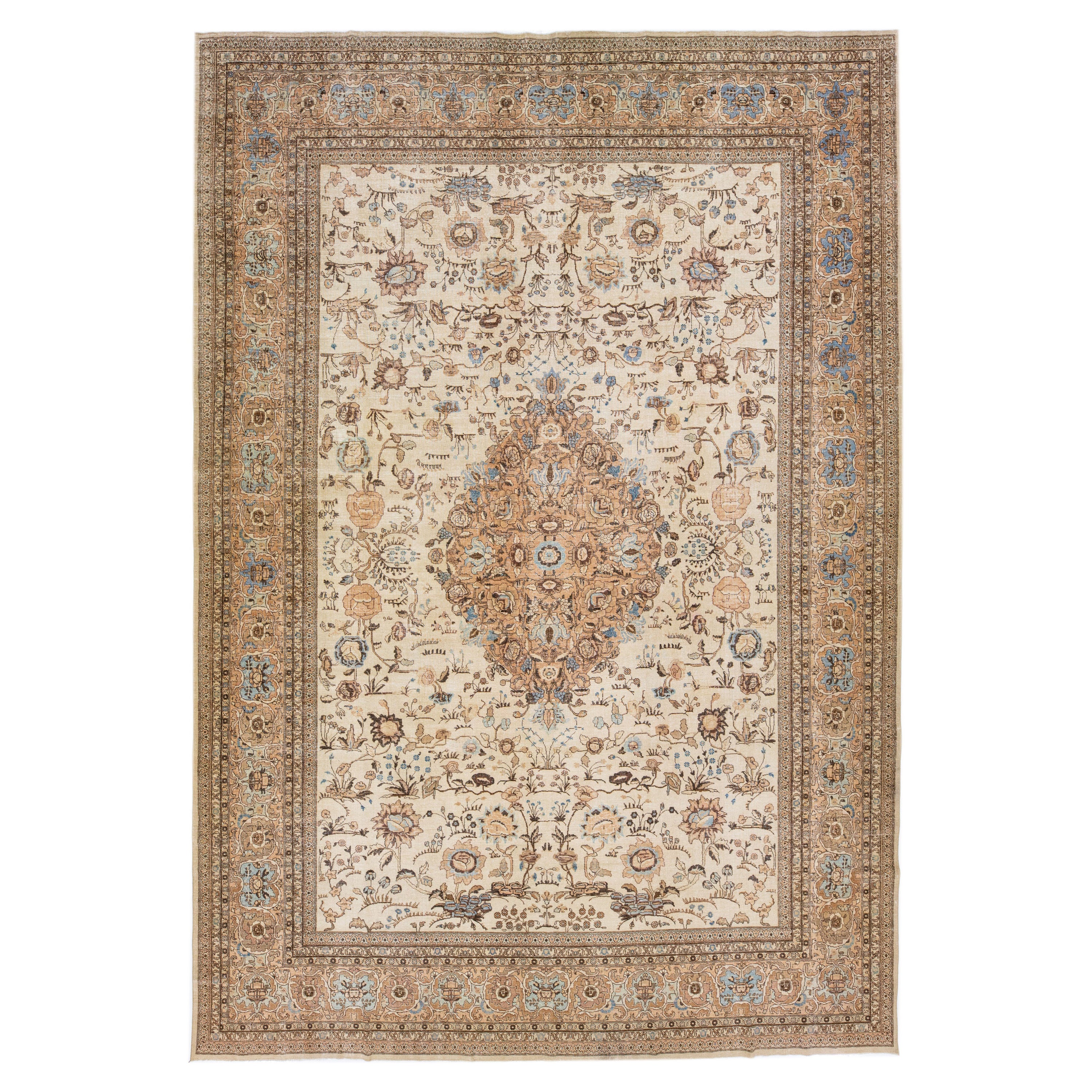 Oversize Antique Persian Tabriz Handmade Medallion Wool Rug in Beige For Sale