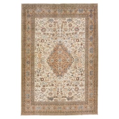 Oversize Antique Persian Tabriz Handmade Medallion Wool Rug in Beige