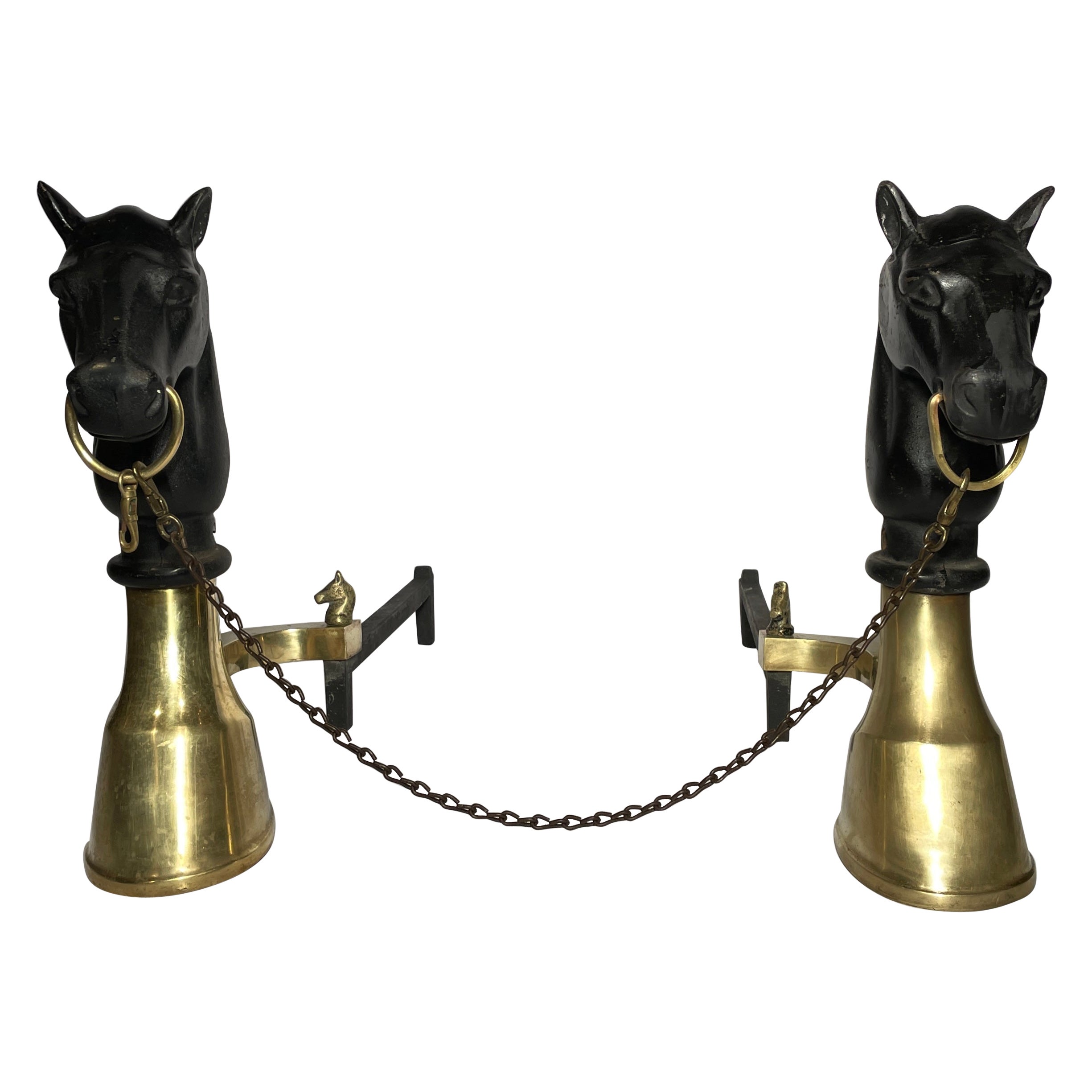 Pair Antique English Iron and Brass Horse Andirons For Sale