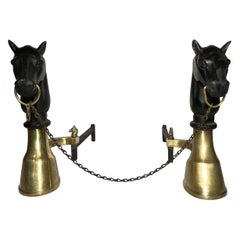 Pair Antique English Iron and Brass Horse Andirons